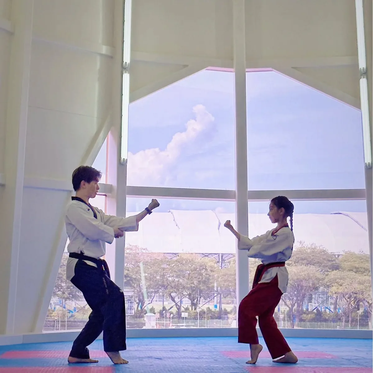 Adults practising taekwondo sparring stances in Singapore